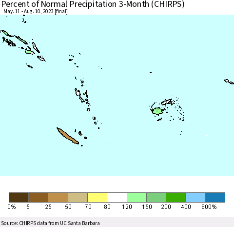 Fiji, Samoa, Solomon Isl. and Vanuatu Percent of Normal Precipitation 3-Month (CHIRPS) Thematic Map For 5/11/2023 - 8/10/2023
