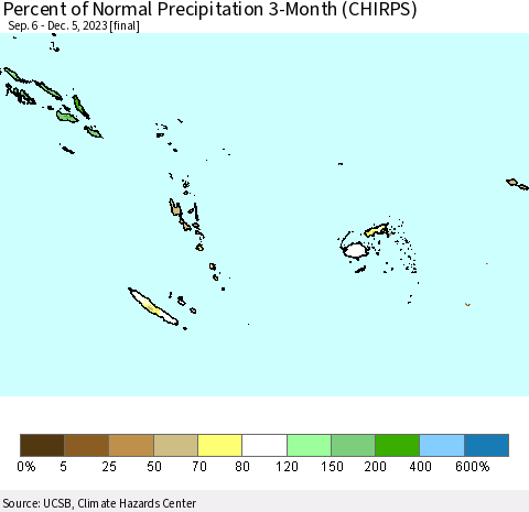 Fiji, Samoa, Solomon Isl. and Vanuatu Percent of Normal Precipitation 3-Month (CHIRPS) Thematic Map For 9/6/2023 - 12/5/2023