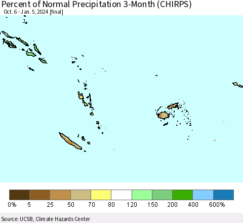 Fiji, Samoa, Solomon Isl. and Vanuatu Percent of Normal Precipitation 3-Month (CHIRPS) Thematic Map For 10/6/2023 - 1/5/2024