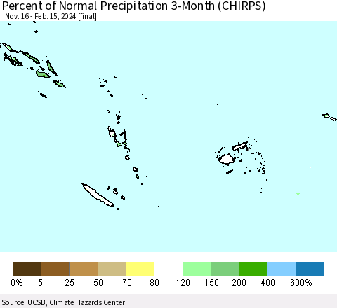 Fiji, Samoa, Solomon Isl. and Vanuatu Percent of Normal Precipitation 3-Month (CHIRPS) Thematic Map For 11/16/2023 - 2/15/2024