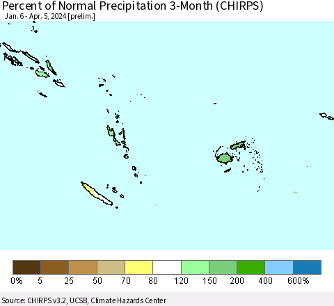 Fiji, Samoa, Solomon Isl. and Vanuatu Percent of Normal Precipitation 3-Month (CHIRPS) Thematic Map For 1/6/2024 - 4/5/2024