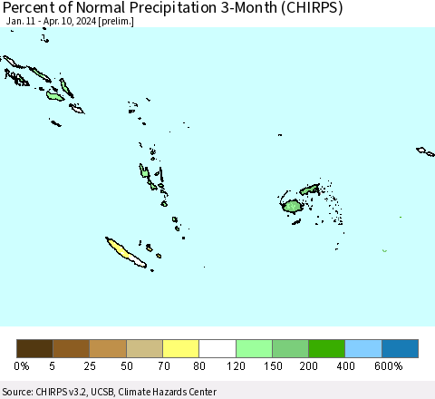 Fiji, Samoa, Solomon Isl. and Vanuatu Percent of Normal Precipitation 3-Month (CHIRPS) Thematic Map For 1/11/2024 - 4/10/2024