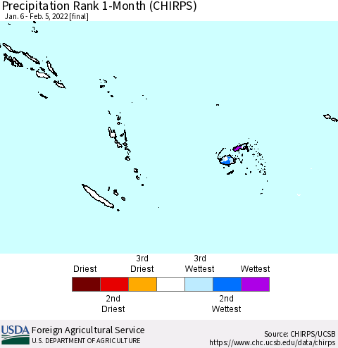 Fiji, Samoa, Solomon Isl. and Vanuatu Precipitation Rank since 1981, 1-Month (CHIRPS) Thematic Map For 1/6/2022 - 2/5/2022