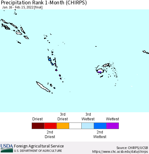 Fiji, Samoa, Solomon Isl. and Vanuatu Precipitation Rank since 1981, 1-Month (CHIRPS) Thematic Map For 1/16/2022 - 2/15/2022