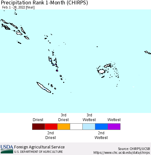 Fiji, Samoa, Solomon Isl. and Vanuatu Precipitation Rank since 1981, 1-Month (CHIRPS) Thematic Map For 2/1/2022 - 2/28/2022