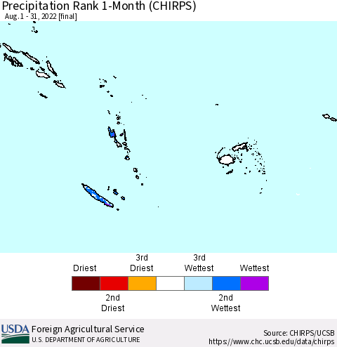 Fiji, Samoa, Solomon Isl. and Vanuatu Precipitation Rank since 1981, 1-Month (CHIRPS) Thematic Map For 8/1/2022 - 8/31/2022
