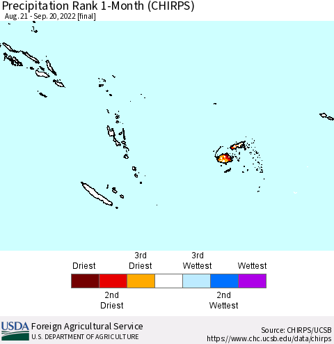 Fiji, Samoa, Solomon Isl. and Vanuatu Precipitation Rank since 1981, 1-Month (CHIRPS) Thematic Map For 8/21/2022 - 9/20/2022