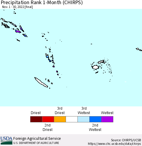 Fiji, Samoa, Solomon Isl. and Vanuatu Precipitation Rank since 1981, 1-Month (CHIRPS) Thematic Map For 11/1/2022 - 11/30/2022