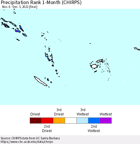 Fiji, Samoa, Solomon Isl. and Vanuatu Precipitation Rank since 1981, 1-Month (CHIRPS) Thematic Map For 11/6/2022 - 12/5/2022