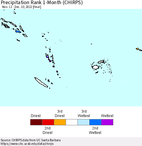 Fiji, Samoa, Solomon Isl. and Vanuatu Precipitation Rank since 1981, 1-Month (CHIRPS) Thematic Map For 11/11/2022 - 12/10/2022