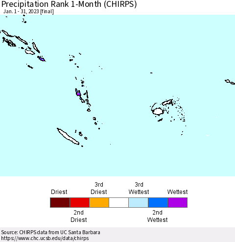 Fiji, Samoa, Solomon Isl. and Vanuatu Precipitation Rank since 1981, 1-Month (CHIRPS) Thematic Map For 1/1/2023 - 1/31/2023