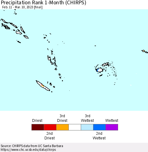 Fiji, Samoa, Solomon Isl. and Vanuatu Precipitation Rank since 1981, 1-Month (CHIRPS) Thematic Map For 2/11/2023 - 3/10/2023