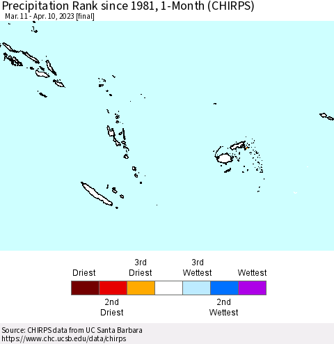 Fiji, Samoa, Solomon Isl. and Vanuatu Precipitation Rank since 1981, 1-Month (CHIRPS) Thematic Map For 3/11/2023 - 4/10/2023