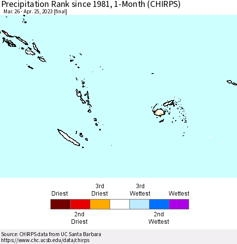 Fiji, Samoa, Solomon Isl. and Vanuatu Precipitation Rank since 1981, 1-Month (CHIRPS) Thematic Map For 3/26/2023 - 4/25/2023