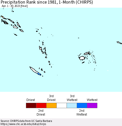 Fiji, Samoa, Solomon Isl. and Vanuatu Precipitation Rank since 1981, 1-Month (CHIRPS) Thematic Map For 4/1/2023 - 4/30/2023