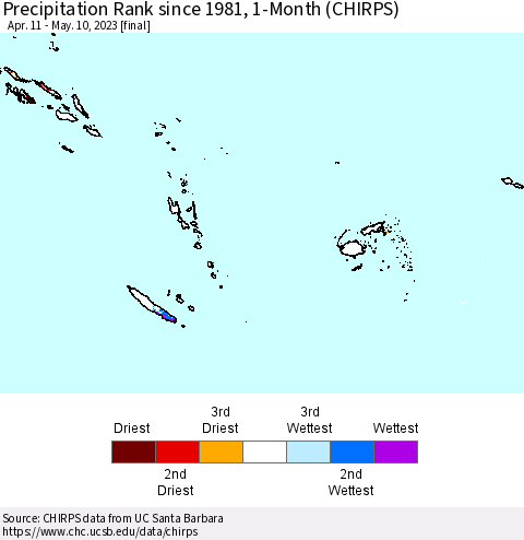 Fiji, Samoa, Solomon Isl. and Vanuatu Precipitation Rank since 1981, 1-Month (CHIRPS) Thematic Map For 4/11/2023 - 5/10/2023