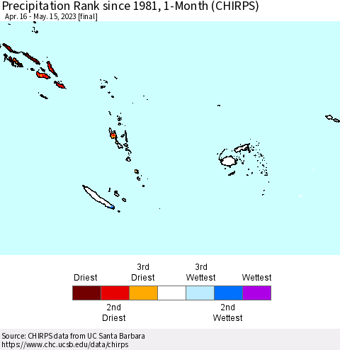 Fiji, Samoa, Solomon Isl. and Vanuatu Precipitation Rank since 1981, 1-Month (CHIRPS) Thematic Map For 4/16/2023 - 5/15/2023