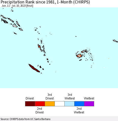 Fiji, Samoa, Solomon Isl. and Vanuatu Precipitation Rank since 1981, 1-Month (CHIRPS) Thematic Map For 6/11/2023 - 7/10/2023
