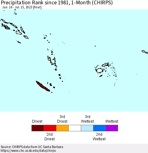 Fiji, Samoa, Solomon Isl. and Vanuatu Precipitation Rank since 1981, 1-Month (CHIRPS) Thematic Map For 6/16/2023 - 7/15/2023