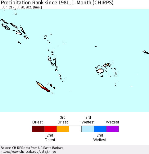 Fiji, Samoa, Solomon Isl. and Vanuatu Precipitation Rank since 1981, 1-Month (CHIRPS) Thematic Map For 6/21/2023 - 7/20/2023