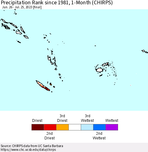 Fiji, Samoa, Solomon Isl. and Vanuatu Precipitation Rank since 1981, 1-Month (CHIRPS) Thematic Map For 6/26/2023 - 7/25/2023