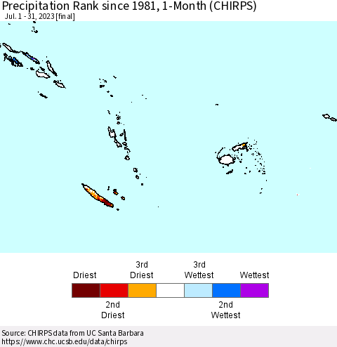 Fiji, Samoa, Solomon Isl. and Vanuatu Precipitation Rank since 1981, 1-Month (CHIRPS) Thematic Map For 7/1/2023 - 7/31/2023