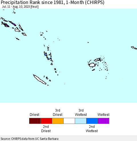 Fiji, Samoa, Solomon Isl. and Vanuatu Precipitation Rank since 1981, 1-Month (CHIRPS) Thematic Map For 7/11/2023 - 8/10/2023