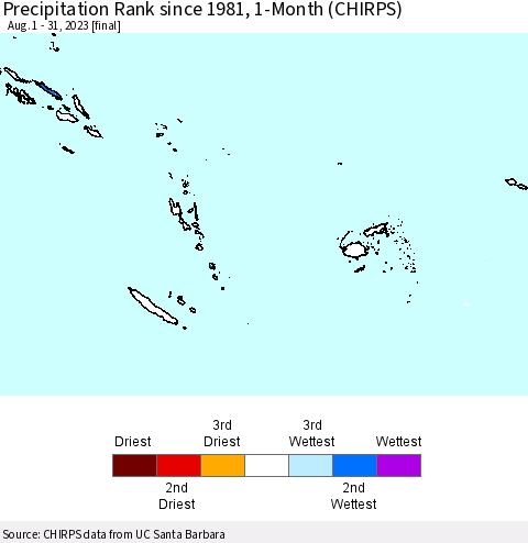 Fiji, Samoa, Solomon Isl. and Vanuatu Precipitation Rank since 1981, 1-Month (CHIRPS) Thematic Map For 8/1/2023 - 8/31/2023