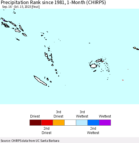 Fiji, Samoa, Solomon Isl. and Vanuatu Precipitation Rank since 1981, 1-Month (CHIRPS) Thematic Map For 9/16/2023 - 10/15/2023