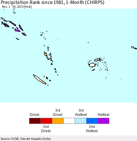Fiji, Samoa, Solomon Isl. and Vanuatu Precipitation Rank since 1981, 1-Month (CHIRPS) Thematic Map For 11/1/2023 - 11/30/2023
