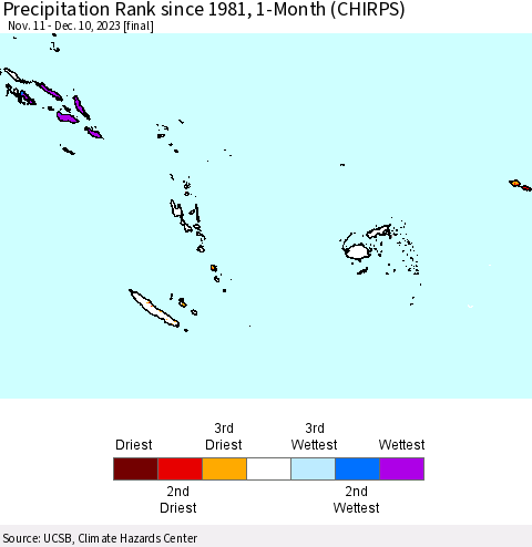 Fiji, Samoa, Solomon Isl. and Vanuatu Precipitation Rank since 1981, 1-Month (CHIRPS) Thematic Map For 11/11/2023 - 12/10/2023