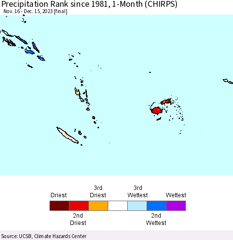 Fiji, Samoa, Solomon Isl. and Vanuatu Precipitation Rank since 1981, 1-Month (CHIRPS) Thematic Map For 11/16/2023 - 12/15/2023