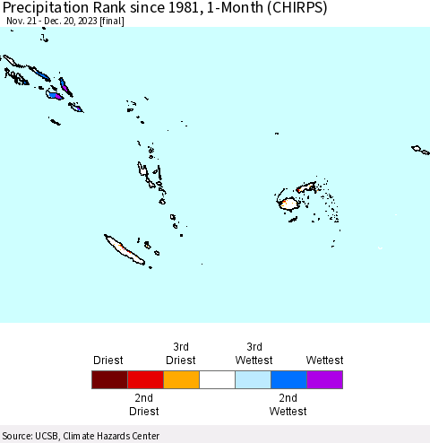Fiji, Samoa, Solomon Isl. and Vanuatu Precipitation Rank since 1981, 1-Month (CHIRPS) Thematic Map For 11/21/2023 - 12/20/2023