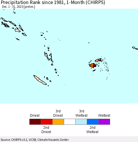 Fiji, Samoa, Solomon Isl. and Vanuatu Precipitation Rank since 1981, 1-Month (CHIRPS) Thematic Map For 12/1/2023 - 12/31/2023