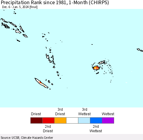 Fiji, Samoa, Solomon Isl. and Vanuatu Precipitation Rank since 1981, 1-Month (CHIRPS) Thematic Map For 12/6/2023 - 1/5/2024