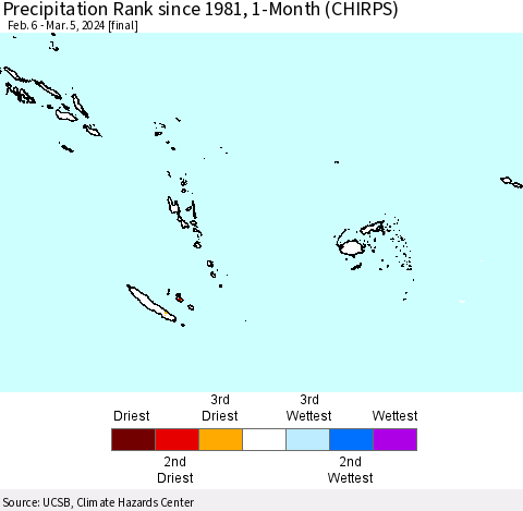 Fiji, Samoa, Solomon Isl. and Vanuatu Precipitation Rank since 1981, 1-Month (CHIRPS) Thematic Map For 2/6/2024 - 3/5/2024