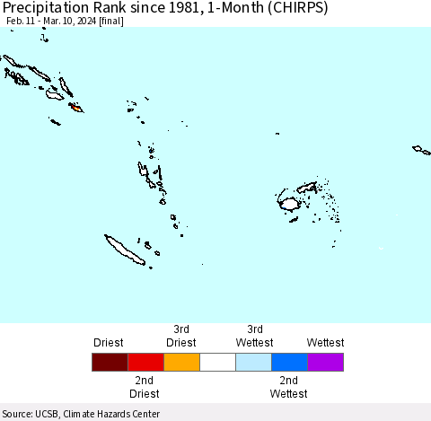 Fiji, Samoa, Solomon Isl. and Vanuatu Precipitation Rank since 1981, 1-Month (CHIRPS) Thematic Map For 2/11/2024 - 3/10/2024