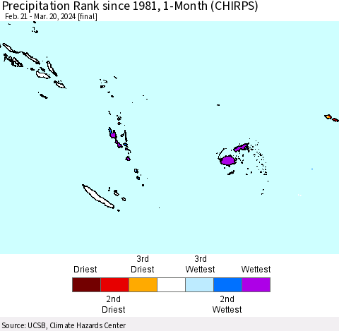 Fiji, Samoa, Solomon Isl. and Vanuatu Precipitation Rank since 1981, 1-Month (CHIRPS) Thematic Map For 2/21/2024 - 3/20/2024