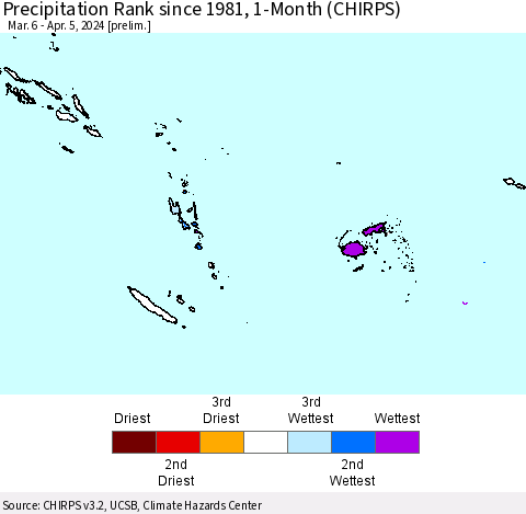 Fiji, Samoa, Solomon Isl. and Vanuatu Precipitation Rank since 1981, 1-Month (CHIRPS) Thematic Map For 3/6/2024 - 4/5/2024