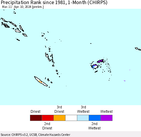 Fiji, Samoa, Solomon Isl. and Vanuatu Precipitation Rank since 1981, 1-Month (CHIRPS) Thematic Map For 3/11/2024 - 4/10/2024