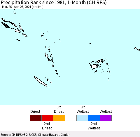 Fiji, Samoa, Solomon Isl. and Vanuatu Precipitation Rank since 1981, 1-Month (CHIRPS) Thematic Map For 3/26/2024 - 4/25/2024