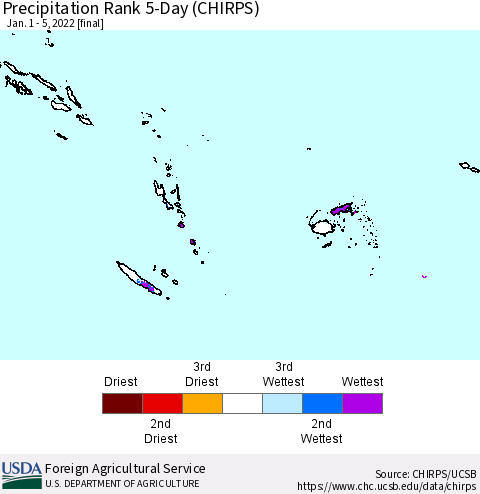 Fiji, Samoa, Solomon Isl. and Vanuatu Precipitation Rank since 1981, 5-Day (CHIRPS) Thematic Map For 1/1/2022 - 1/5/2022