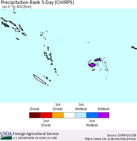 Fiji, Samoa, Solomon Isl. and Vanuatu Precipitation Rank since 1981, 5-Day (CHIRPS) Thematic Map For 1/6/2022 - 1/10/2022