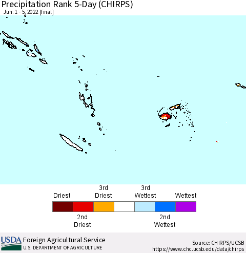 Fiji, Samoa, Solomon Isl. and Vanuatu Precipitation Rank since 1981, 5-Day (CHIRPS) Thematic Map For 6/1/2022 - 6/5/2022