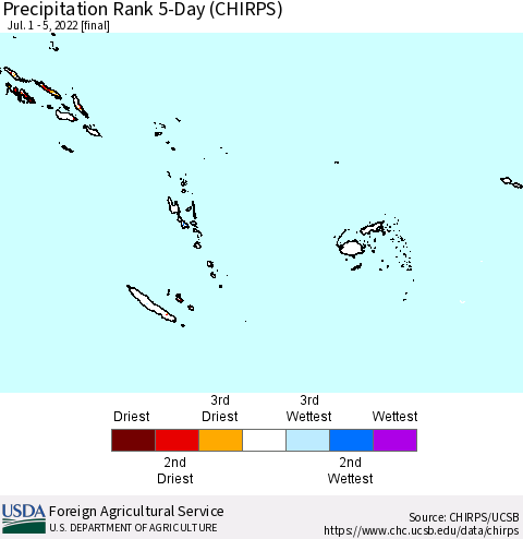 Fiji, Samoa, Solomon Isl. and Vanuatu Precipitation Rank since 1981, 5-Day (CHIRPS) Thematic Map For 7/1/2022 - 7/5/2022