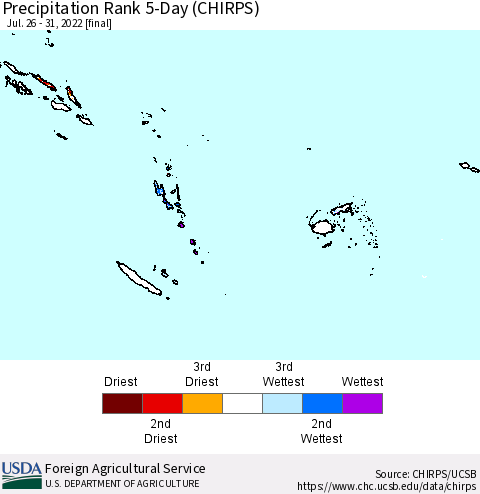 Fiji, Samoa, Solomon Isl. and Vanuatu Precipitation Rank since 1981, 5-Day (CHIRPS) Thematic Map For 7/26/2022 - 7/31/2022