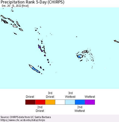 Fiji, Samoa, Solomon Isl. and Vanuatu Precipitation Rank since 1981, 5-Day (CHIRPS) Thematic Map For 12/26/2022 - 12/31/2022