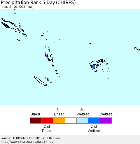 Fiji, Samoa, Solomon Isl. and Vanuatu Precipitation Rank since 1981, 5-Day (CHIRPS) Thematic Map For 1/16/2023 - 1/20/2023