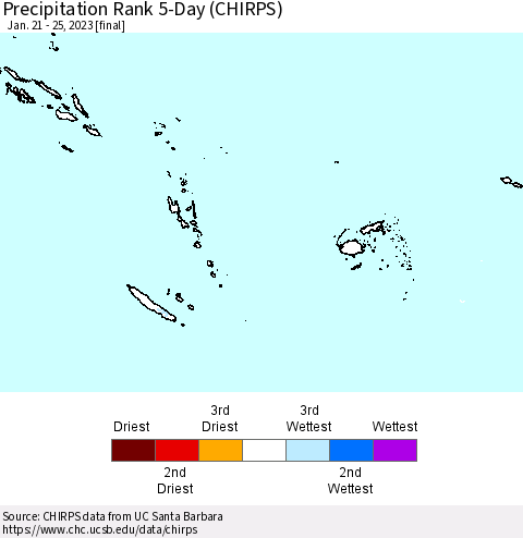 Fiji, Samoa, Solomon Isl. and Vanuatu Precipitation Rank since 1981, 5-Day (CHIRPS) Thematic Map For 1/21/2023 - 1/25/2023