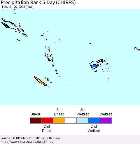 Fiji, Samoa, Solomon Isl. and Vanuatu Precipitation Rank since 1981, 5-Day (CHIRPS) Thematic Map For 2/16/2023 - 2/20/2023